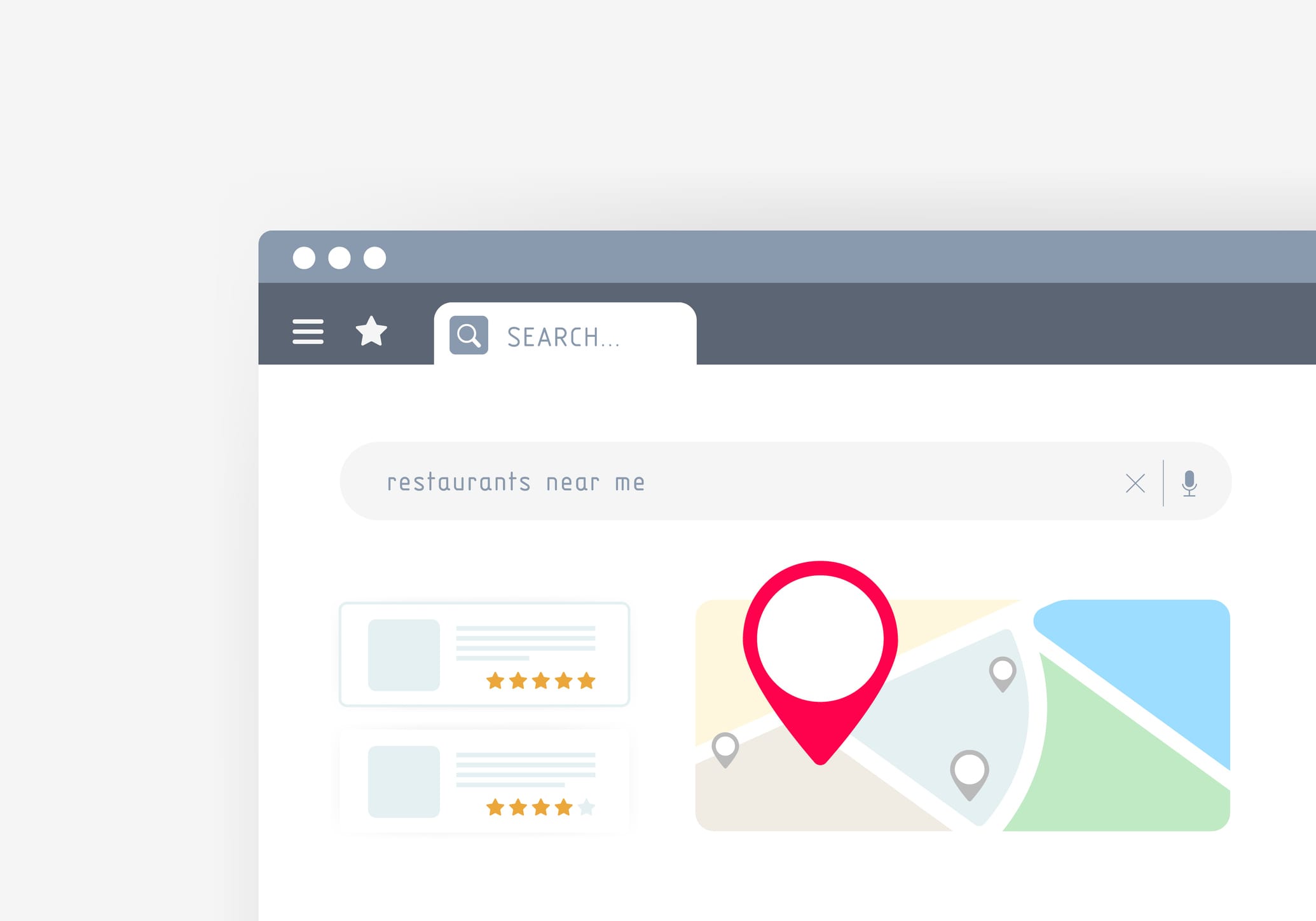 Near Me Search - local seo marketing strategy based on consumer searches for services nearby. Browser with search result and map of nearby places with descriptions and ratings.