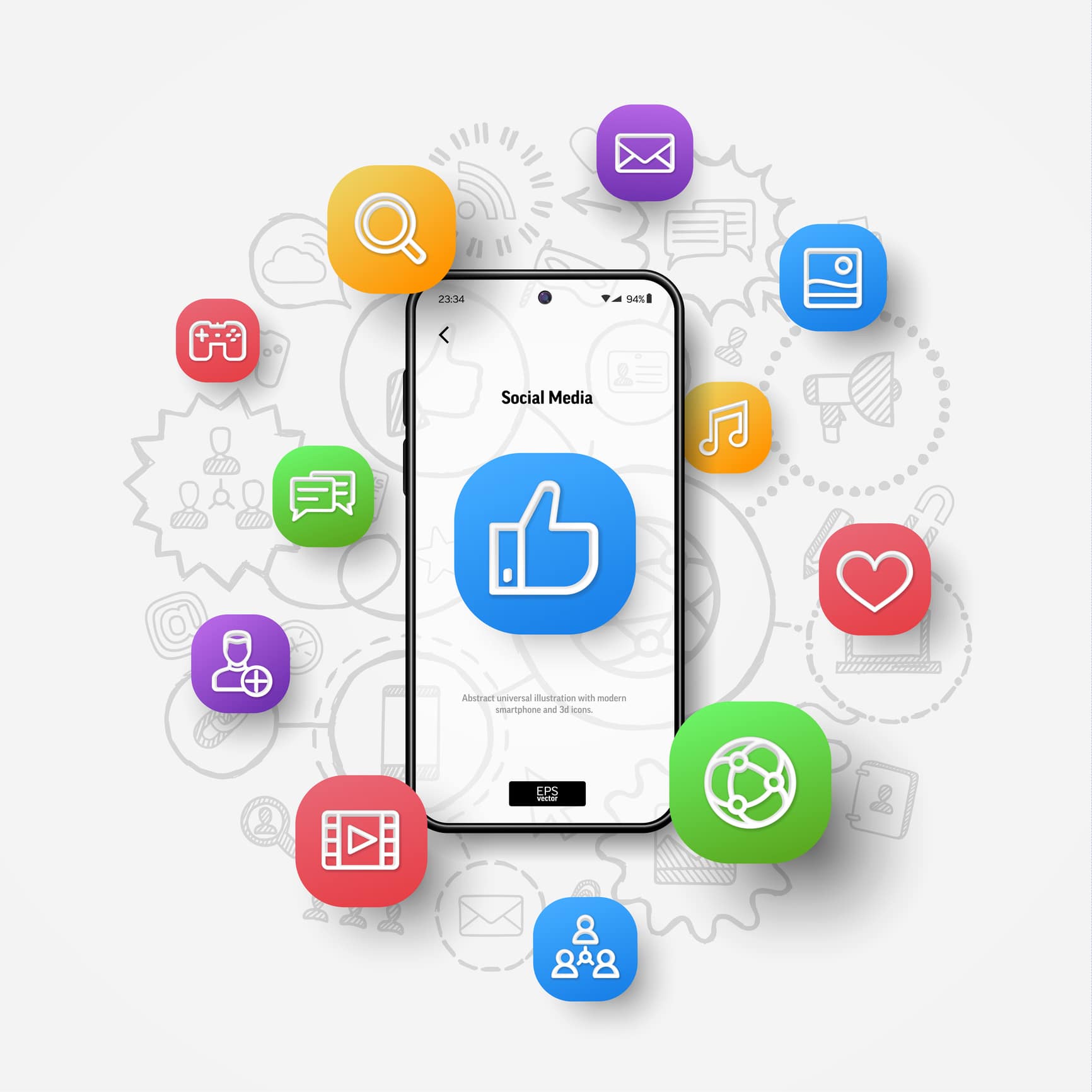 Social media network connection, digital market communication, online business concept. Realistic smartphone mockup, 3d icons flying over screen on hand drawn sketch, doodle design background.